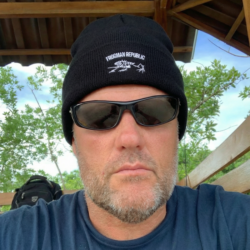 Frogman Republic White Stone Frog Embroidered Classic Cuffed Beanie