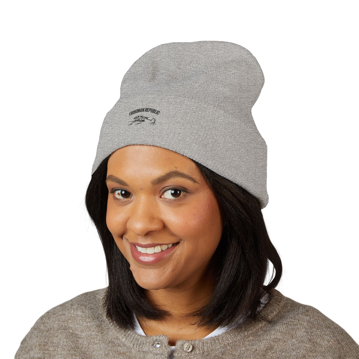 Frogman Republic Black Stone Frog Embroidered Classic Cuffed Beanie